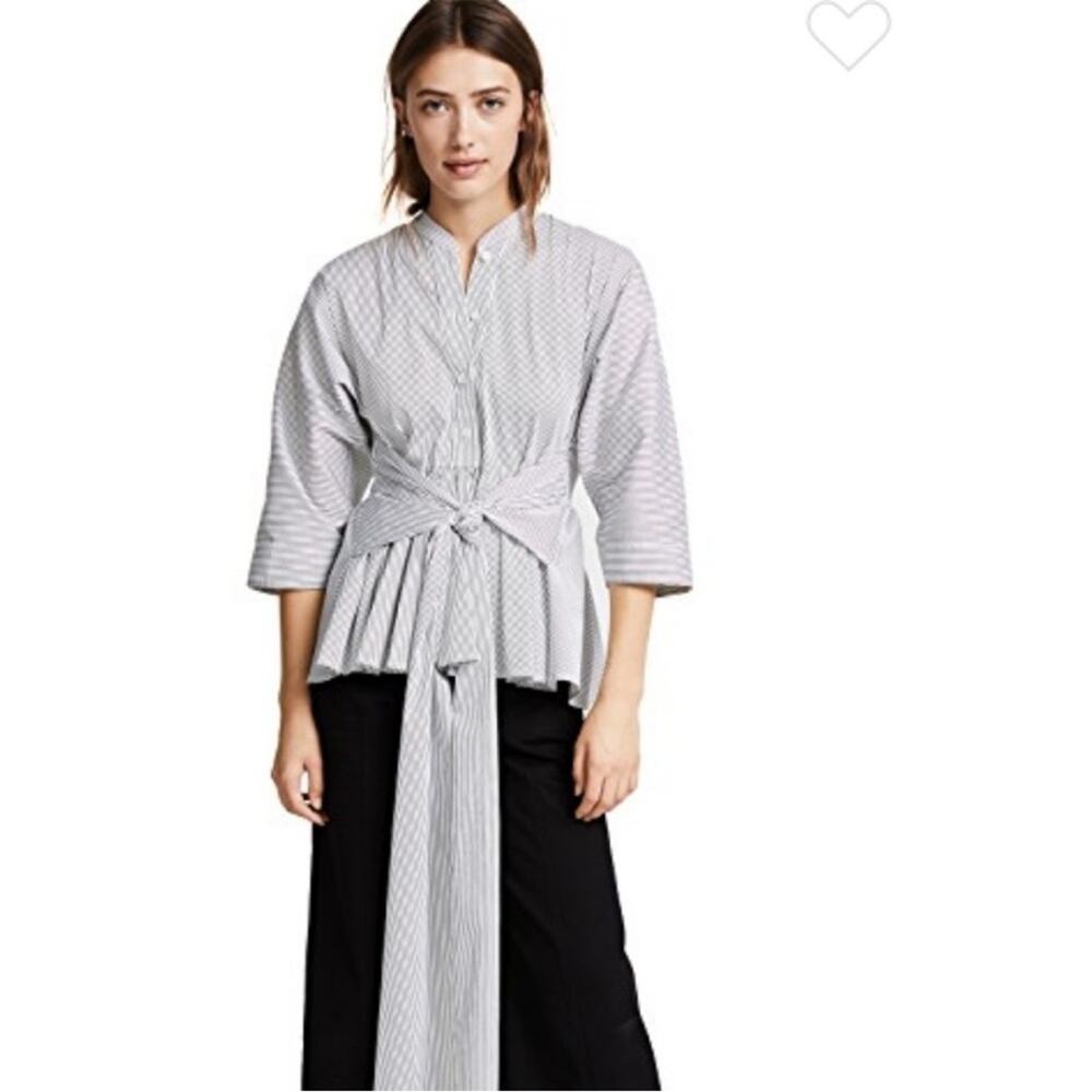Tome striped dolman sleeve tie front button down cotton top